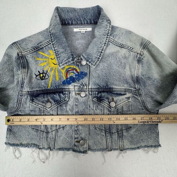 Pacsun Cropped Denim Jacket Womens M Graffiti Skater Grunge Festival Peace - Picture 11 of 13